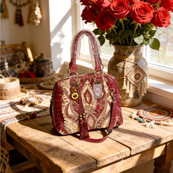 Sharif Handbags - SHARIF LUXURY Elegant Red and Beige Tapestry Bag